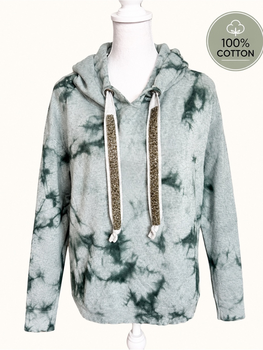 Caryn Vallone Tie Dye Hooded Sweater L 100% Cotton Rhinestone Drawstrings